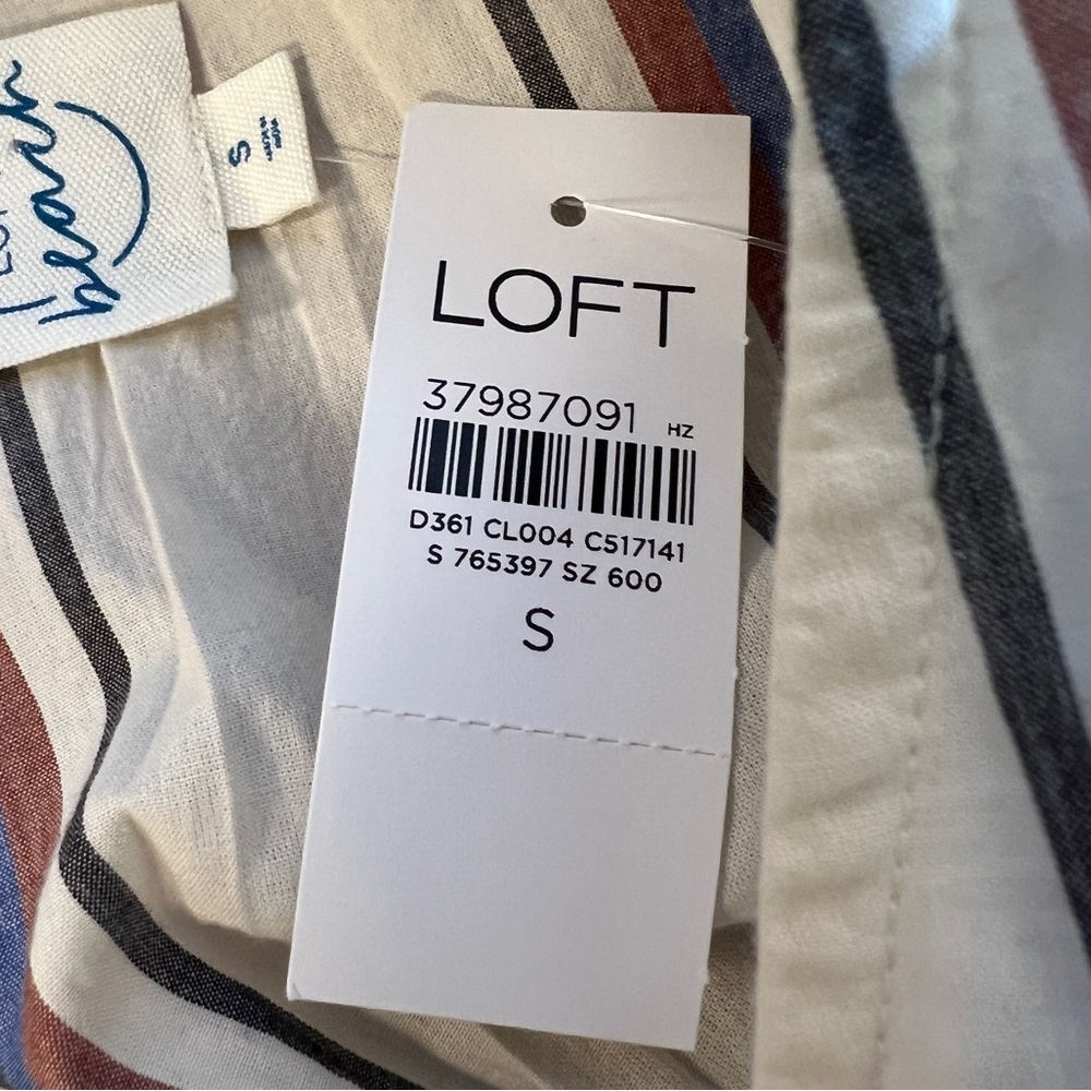 LOFT Beach Women’s Size S Ivory Blue Striped Smocked V-Neck Midi Dress Pockets - Picture 14 of 15